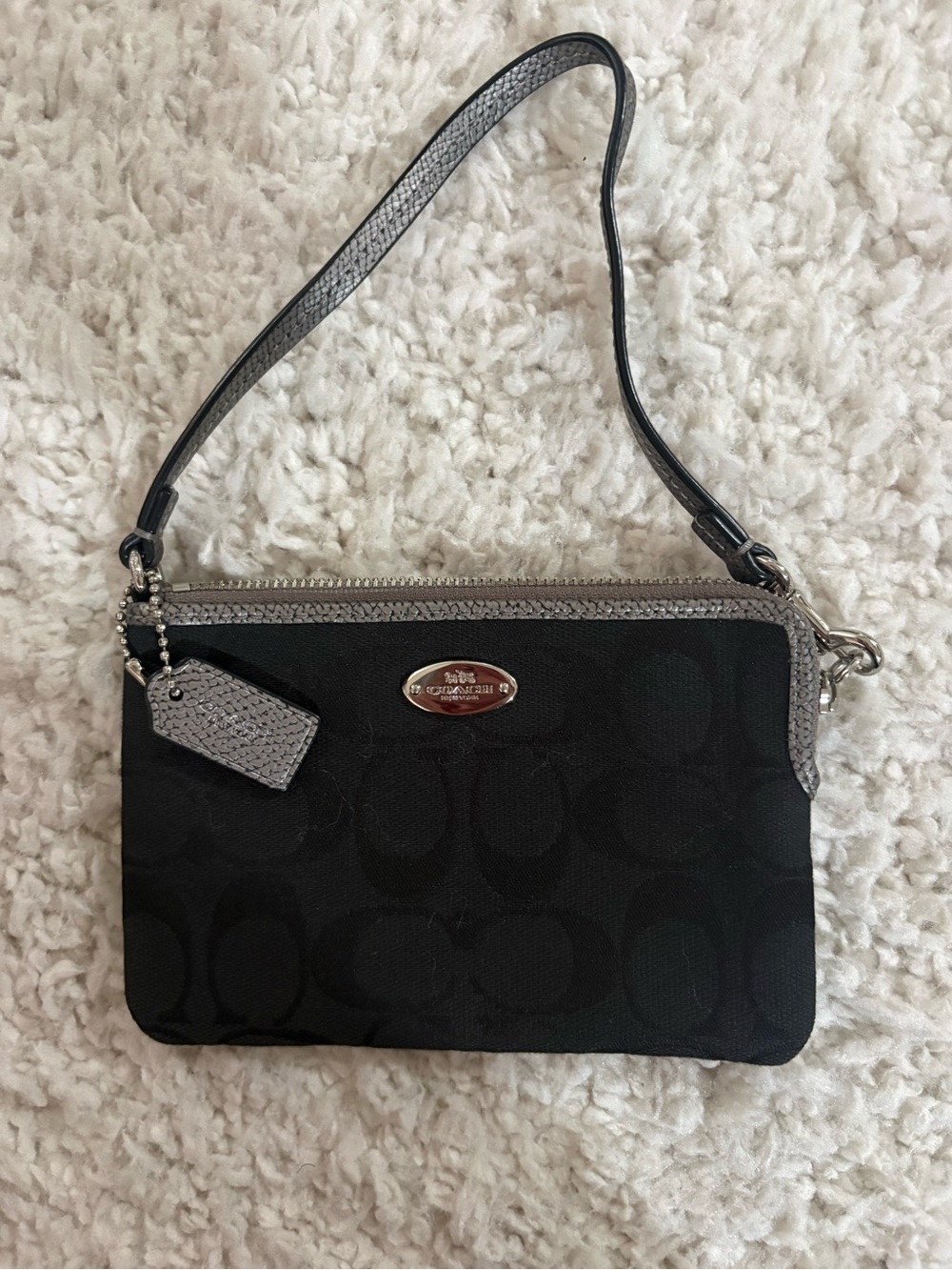 Coach Black Signature Wristlet with Silver Trim